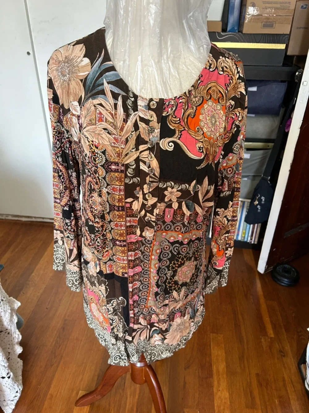 Johnny Was Boho Patchwork Floral Tunic - Black, Pink & Tan size medium - Picture 2 of 4